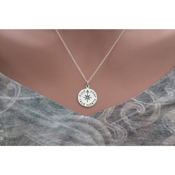 Sterling Silver Find Your True North Compass Charm Necklace - Picture 1 of 5